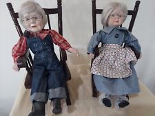 Vintage Grandma And Grandpa Porcelain Dolls In Wooden Rocking Chairs PRISTINE picture