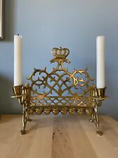 Antique Solid Brass Oil Burning Menorah Bench featuring Crown Detail picture