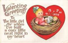 c1915 Fantasy Young Girl Inside Birds Nest Doll Book Heart Valentines P302 picture