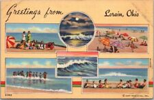 LORAIN, Ohio Greetings Postcard Beach Views / Girls - Curteich Linen 1939 Unused picture