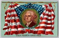 July Fourth 4th Greetings Patriotic Postcard George Washington US Flags 1908 picture