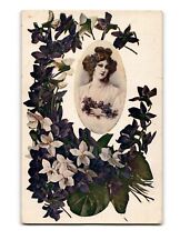 Antique Floral Postcard: Elegant Woman Surrounded by Violets picture