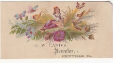 G W Landis Jeweler Newville PA Girl Grasses Birds  Vict Card c1880s picture