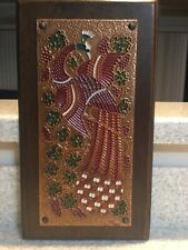 Vintage  Aethra Wall Plaque Greek Copper Art Wood Mounted-Peacock picture