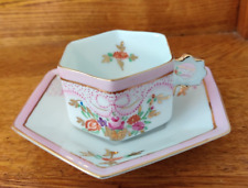 Pink Floral With Bow Hexagon Delicate Demitasse Cup Saucer Gold Trim picture