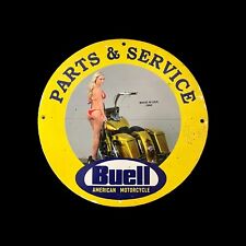 RARE BUELL AMERICAN MOTORCYCLE BIKINI BABE GAS PUMP OIL GARAGE METAL PLATE SIGN picture