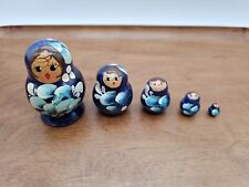 Vintage Hand Painted Blue Floral Wooden Russian Matryoshka Nesting Dolls 5 pc picture