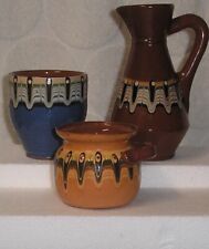Three  (3)  Bulgarian Troyan Peacock Redware Pottery  Cruet, Cup, Dipping Pot picture