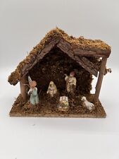 Vintage Nativity Scene Christmas Figures, Wood & Moss Stable Manger Creche Set picture