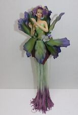 Purple & Green Flower Pedals Fairy Figurine Doll Ceramic W/ Long Fringe On Stand picture