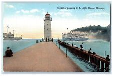 c1910's Steamer Passing US Light House Chicago Illinois IL Antique Postcard picture