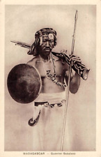 MADAGASCAR, AFRICA ~ SAKALAVA WARRIOR WITH RIFLE, SHIELD & SPEAR ~ 1910s picture