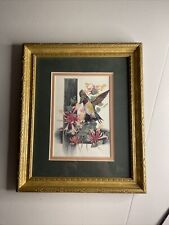 Hummingbird Flowers Art By Bambi Papais Gold Wood Frame Green Pink Matted USA picture