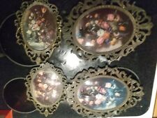4 Vintage Oval Brass Frame Floral Picture in Convex Bubble Glass Made In Italy. picture