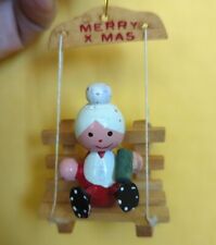 Vintage Wooden Christmas ornament Merry Xmas Woman On Swing EUC picture