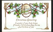 Postcard c1910 Christmas Greeting Country Scene Embossed Holly Snow Sentimental picture