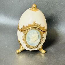 Sankyo Japan Music Box Cameo Gilded Footed Egg Jewelry Keepsake w/ Velvet Lining picture