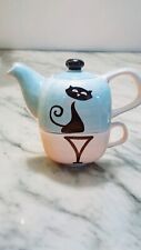 Hues N Brews Tea for One Set Teapot Cup Black Blue Cattitude picture