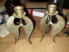 Vintage Solid Brass Angel Wings 6 Inch  Candle Holders Set Of Two picture