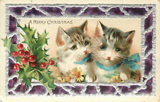 Embossed Postcard Tabby And White Kittens Merry Christmas Purple Border picture