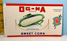 1940's OG-NA Brand Evergreen Sweet Corn Vegetable Fruit Crate Can Label picture