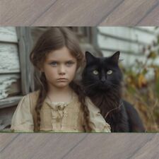 POSTCARD Girl Black Cat Weird Creepy Pet Old Vibe Unusual Cute Scary Strange Fun picture