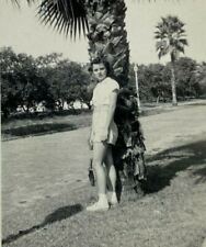 Pretty Girl Shorts Standing By Palm Tree B&W Photograph Snapshot 2.75 x 4.5 picture