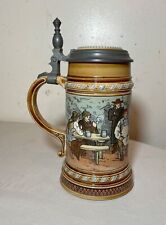 Antique handmade German Mettlach painted pottery pewter lidded beer stein mug picture