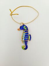 Gold Tone Metal W/ Enamel Sea Horse Articulated Blue Green Ornament Pendant picture