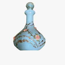 19th Century Antique French Blue Opaline Glass Decanter hand Painted Rose Floral picture