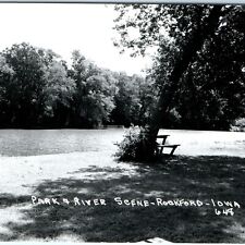 c1950s Rockford, IA RPPC Park & River Scene Peaceful Beautiful Bench Photo A110 picture