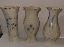Set Of 3 Classic Lenox Floral Bud Vases Gold Trim Blue Flowers picture