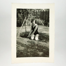 Woman Gardening in Her Swimsuit Photo 1950s Backyard Beauty Rake Snapshot A4182 picture