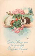 Easter 1920s Vintage Postcard Bunnies Pink Peonies Rabbits Happiness 1583 C picture