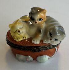Porcelain Hinged Trinket Box Cuddling Kittens Cats  On Yarn  Basket Vintage picture