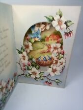 Vintage Greeting Card Pop Out Birds in Nest Floral Farm Unused 1950s Get Well picture