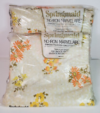 Springmaid No-Iron Marvelair Twin Flat & Fitted Sheet Yellow Orange Floral Vtg picture