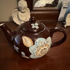Pier 1 CASSIDY Tea Pot with Lid Hand Painted Earthware Brown Blue Flowers picture