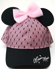 New Disney Parks Pink Black Mesh Polka Dot Minnie Mouse Baseball Hat With Ears picture