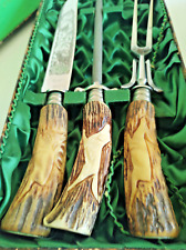 Vintage German Antler Carved Handle Carving Knife 3 piece Set Sologen Germany picture