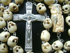 VINTAGE OWL TIBET OXEN BONE SKULL BEADS CATHOLIC ROSARY NECKLACE CROSS CRUCIFIX picture