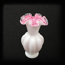 FENTON Pink Cased Melon Vase Silver Crest Scalloped Ruffled Crimped 6
