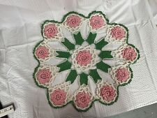 Vintage Pink and Green Floral Crochet Doily 18 Inches Across picture