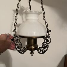 Vintage Antique Brass White Crimped Milk Glass Linked Swag Direct Mount Light picture