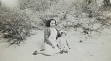 1940s Proper Beach Sitting Baby Teen Girl Bushes Sand Vintage Photograph picture