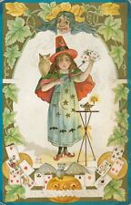 Nash H16 Halloween Postcard~Antique~Little Witch Card Trick~Bat~JOL~Owl~c1915 picture
