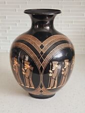 Antique Persian  Middle Eastern Etched Enameled Black Copper Vase Signed 10