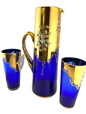 Gorgeous Czech Bohemian Blue Pitcher Glass Set Hand Painted Gold picture