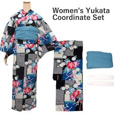 Women's Yukata Coordinate Set of 3 For Beginners : Black Yukata & Sky blue Obi picture