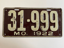 1922 Missouri License Plate 999 Repeating Number All Original Paint picture
